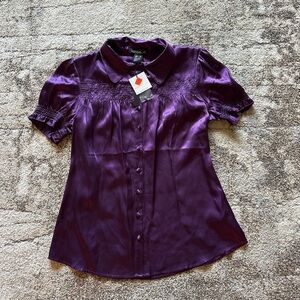 kensie Purple Silk Button-Front Short Sleeve Blouse